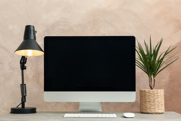 Lugar de trabajo con computadora y planta en mesa de madera. Marrón claro