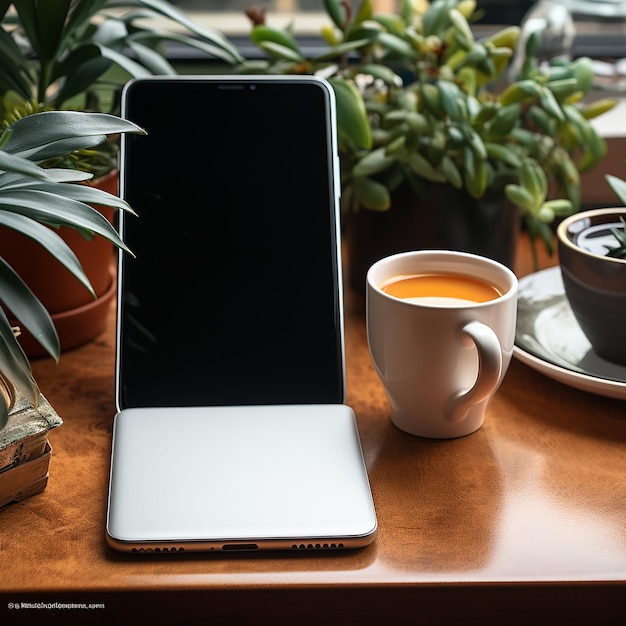 Lugar de trabajo con computadora portátil con teléfono inteligente sobre fondo de espacio de copia con vista superior de mesa negra