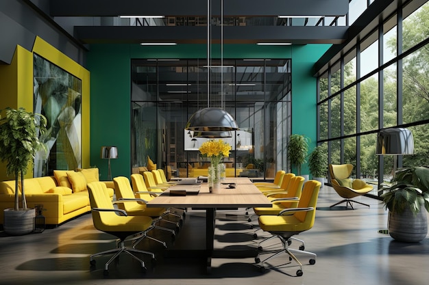 Lugar de trabajo corporativo de negocios con oficina moderna Diseño de interiores con fondo amarillo