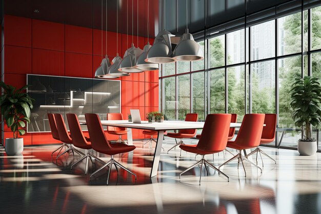 Lugar de trabajo corporativo de negocios con oficina moderna Diseño de interiores con fondo rojo