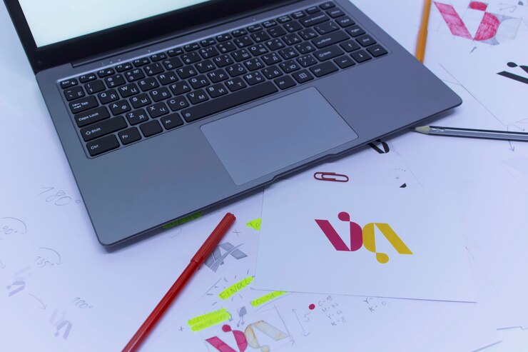 Foto lugar de trabajo creativo de un diseñador gráfico. desarrollo de un logo para la empresa. dibujos y bocetos sobre papel en la oficina de un estudio de arte.