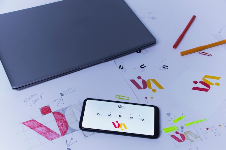 Foto lugar de trabajo creativo de un diseñador gráfico. desarrollo de un logo para la empresa. dibujos y bocetos sobre papel en la oficina de un estudio de arte.