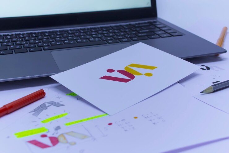 Foto lugar de trabajo creativo de un diseñador gráfico desarrollo de un logotipo para la empresa dibujos y bocetos en papel en una oficina de estudio de arte