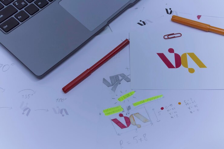 Foto lugar de trabajo creativo de un diseñador gráfico desarrollo de un logotipo para la empresa dibujos y bocetos en papel en una oficina de estudio de arte