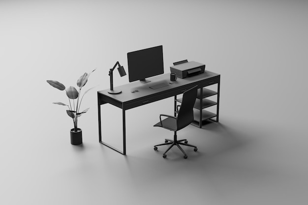 Lugar de trabajo de diseñador minimalista creativo con monitor de computadora de muebles y otros artículos 3D Rendering