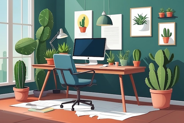 Lugar de trabajo de diseñador o freelancer ilustración plana vectorial Lugar de trabajo creativo con monitor y cactus en el escritorio silla moodboard