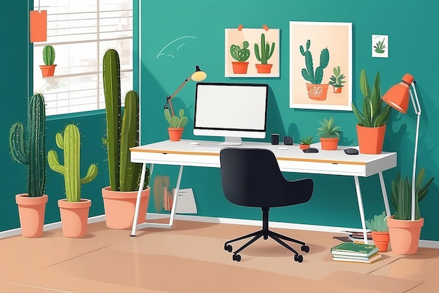 Lugar de trabajo de diseñador o freelancer ilustración plana vectorial Lugar de trabajo creativo con monitor y cactus en el escritorio silla moodboard