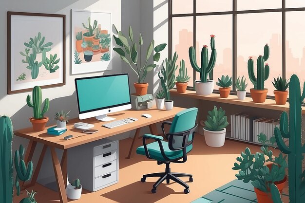 Lugar de trabajo de diseñador o freelancer ilustración plana vectorial Lugar de trabajo creativo con monitor y cactus en el escritorio silla moodboard