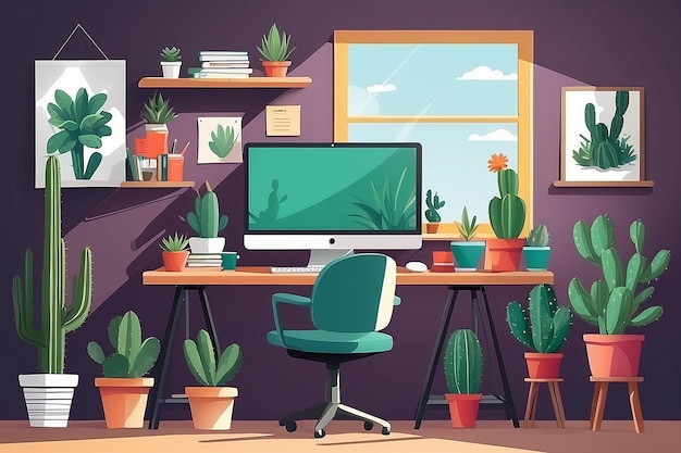 Lugar de trabajo de diseñador o freelancer ilustración plana vectorial Lugar de trabajo creativo con monitor y cactus en el escritorio silla moodboard