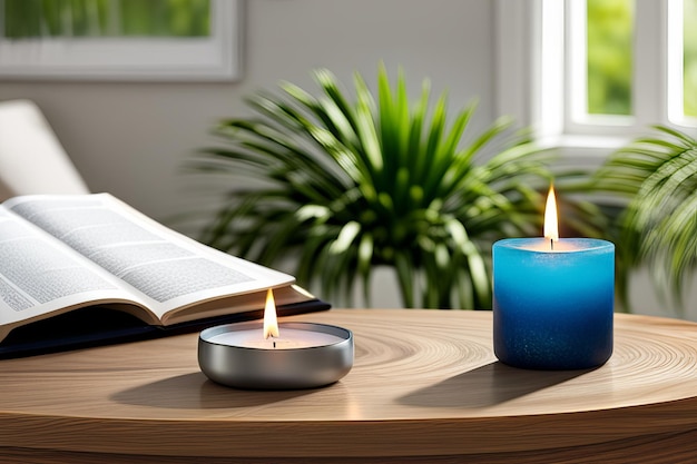 Lugar de trabajo elegante con velas, libros y accesorios en la mesa de la habitación