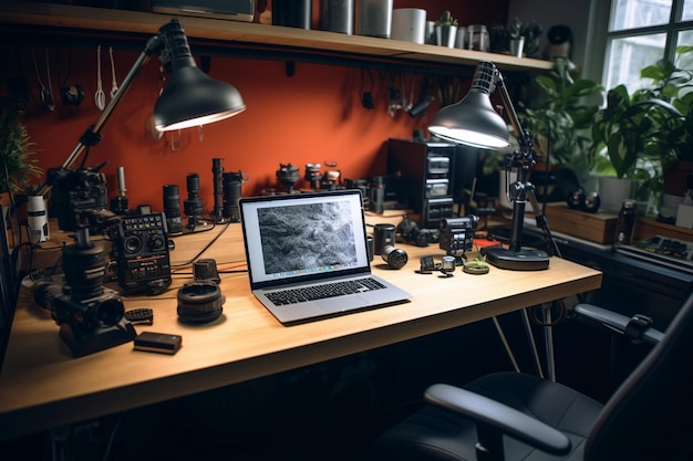 Lugar de trabajo del fotógrafo con computadora portátil y equipo de cámara en la mesa en el estudio fotográfico