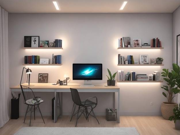 Lugar de trabajo en el hogar moderno con escritorio y estantería 3D