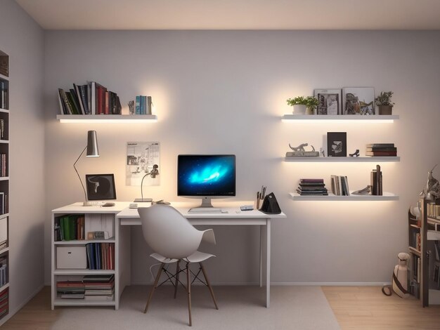 Foto lugar de trabajo en el hogar moderno con escritorio y estantería 3d
