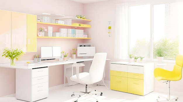 Lugar de trabajo en el hogar sala de oficina moderna estilo soleado en colores pastel realistas con muebles blancos