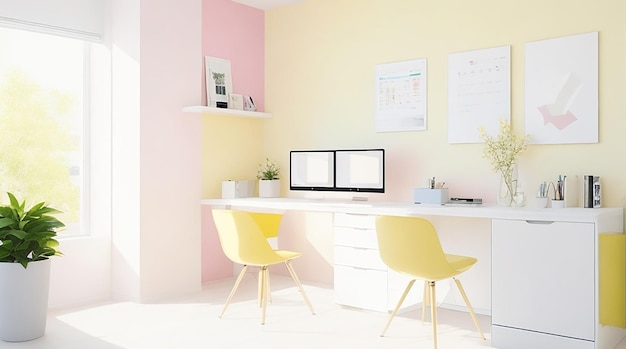 Lugar de trabajo en el hogar sala de oficina moderna estilo soleado en colores pastel realistas con muebles blancos