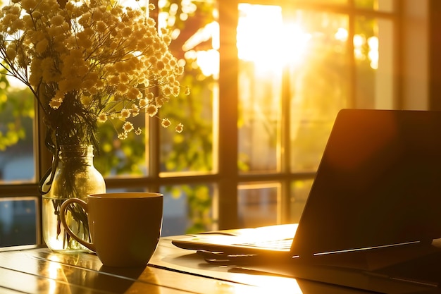 Lugar de trabajo en el hogar con una taza de bebida caliente y un brunch en flor en un jarrón de café IA generativa