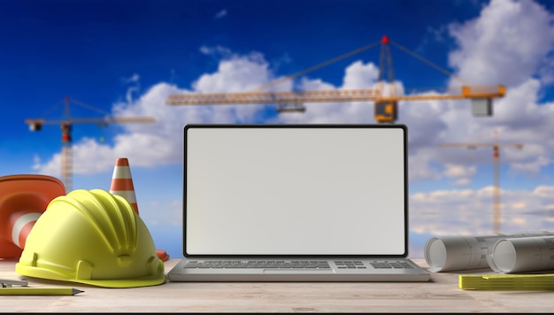 Lugar de trabajo del ingeniero Planos de construcción del proyecto y herramientas de ingeniería en el escritorio de madera Ilustración 3d