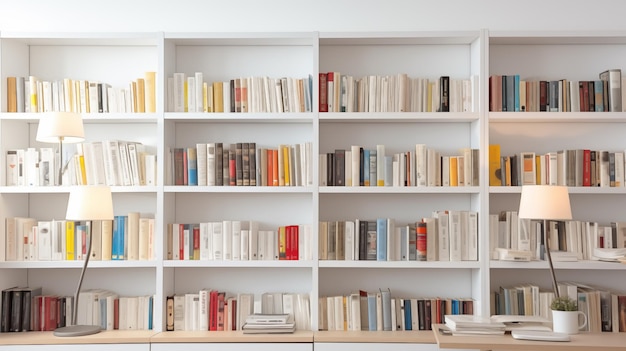 Lugar de trabajo con un libro en el escritorio y una estantería en la biblioteca