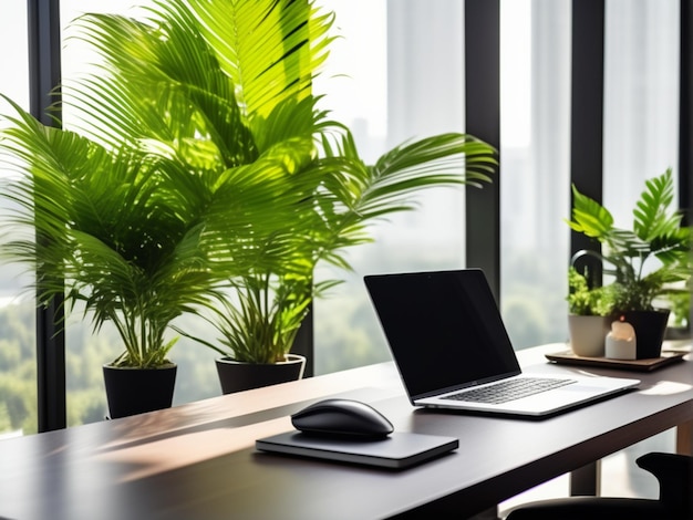 Foto lugar de trabajo de lujo ergonómico elegante computadora moderna almohadilla de cuero negro y plantas verdes en macetas