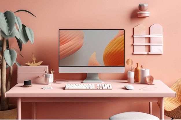 Lugar de trabajo minimalista con computadora en pared rosa renderizado en 3D