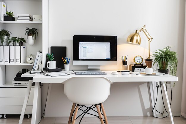 Lugar de trabajo moderno con computadora y artículos de oficina en una mesa blanca