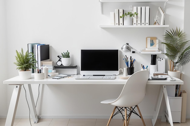 Lugar de trabajo moderno con computadora y artículos de oficina en una mesa blanca