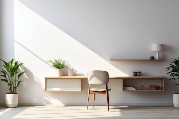 Lugar de trabajo moderno en computadora interior escandinava brillante y teclado en mesa de madera IA generativa