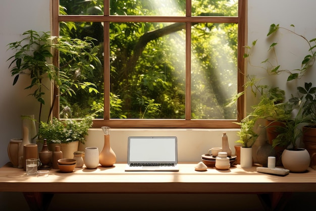 Lugar de trabajo moderno con una computadora portátil cerca de una ventana con vegetación