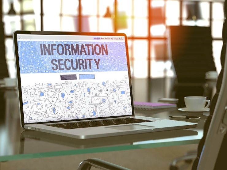 Foto lugar de trabajo moderno con computadora portátil que muestra la página de destino en estilo de diseño doodle con seguridad de la información de texto. imagen entonada con enfoque selectivo. render 3d.