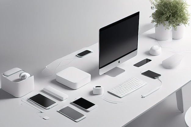 lugar de trabajo moderno con computadora, teléfono inteligente y tableta en mesa gris renderizado 3 d lugar de trabajo moderno w