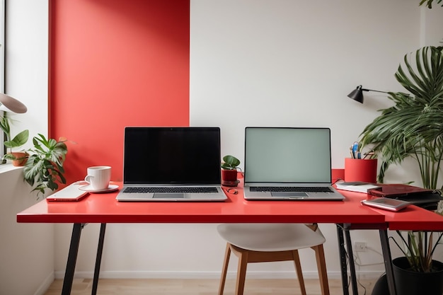 Lugar de trabajo moderno con dos portátiles sobre una mesa roja contra una pared blanca