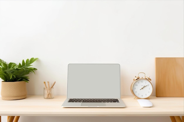 Lugar de trabajo moderno Mockup elegante de mesa dorada con portátil que muestra una pantalla blanca en blanco