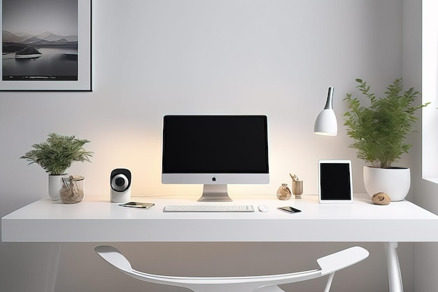 Lugar de trabajo moderno con portátil en fondo de pared blanca Lugar de trabajar moderno con portatil en respaldo de pared blanco