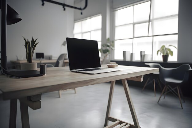 Lugar de trabajo moderno con taza de café portátil y otros artículos en una mesa de madera