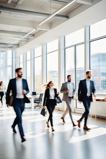 Lugar de trabajo de negocios brillante con personas que caminan en movimiento borroso en un espacio de oficina moderno