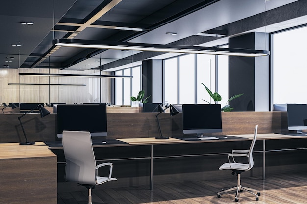 Lugar de trabajo de oficina de coworking brillante con piso de madera ventanas panorámicas con muebles con vista a la ciudad y monitores de computadora Rendering 3D