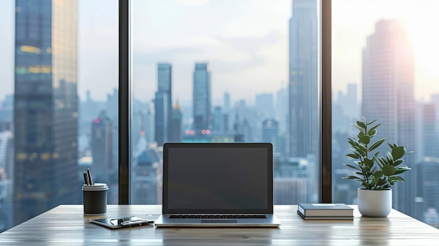 Lugar de trabajo con portátil cómodo mesa de trabajo en ventanas de la oficina y vista de la ciudad