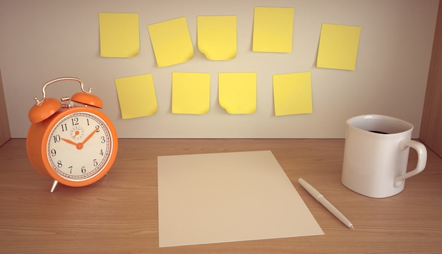 Lugar de trabajo con reloj de mesa, taza de café, blanco, lápiz y pegatinas vacías en la mesa de madera