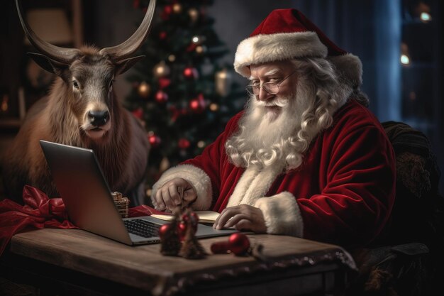 Lugar de trabajo de Santa Claus Alegre Santa está leyendo cartas de niños mientras está sentado en la mesa