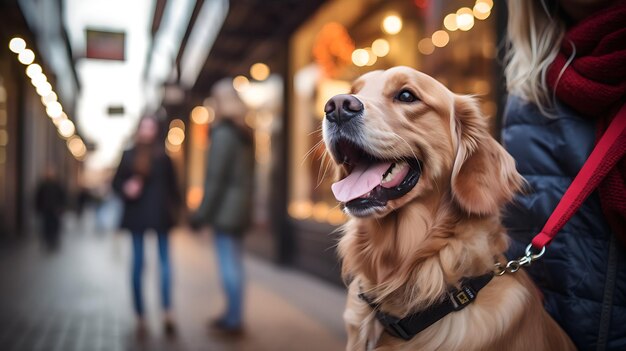 Lugares amigáveis para animais de estimação conceito Labrador retriever cão caminhando na cidade conceito de apoio emocional