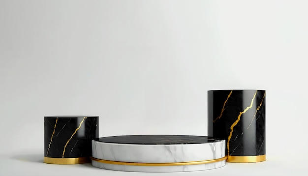 Lujo en blanco y negro cinematográfico marmol piedra pódium maqueta 3d hacer pedestal de cosméticos dorados