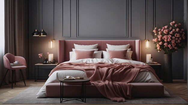 Lujo clásico y elegante diseño interior de melocotón para dormitorio con rosas y flores de fondo