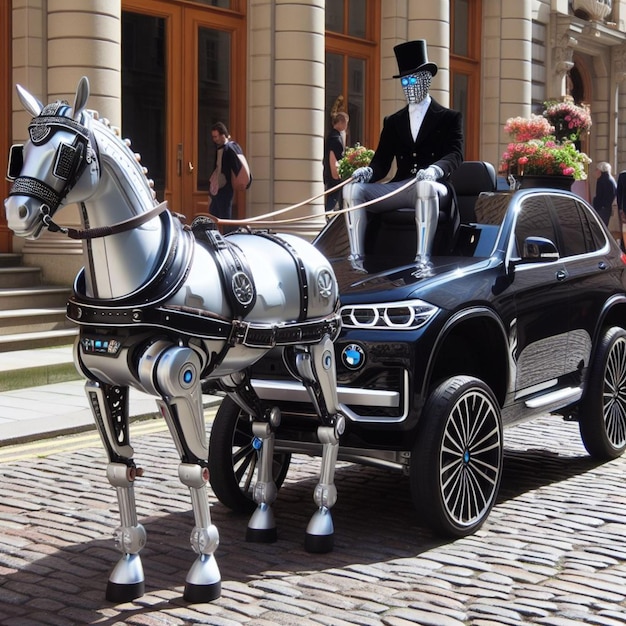 Foto lujo convertido en carruaje personalizado de sedán alemán como vagón de viaje caravana conducida por robot mayordomo tirado por caballos marrones fuertes paseos en el barrio de la ciudad en el centro de la ciudad futuro distópico ai generado