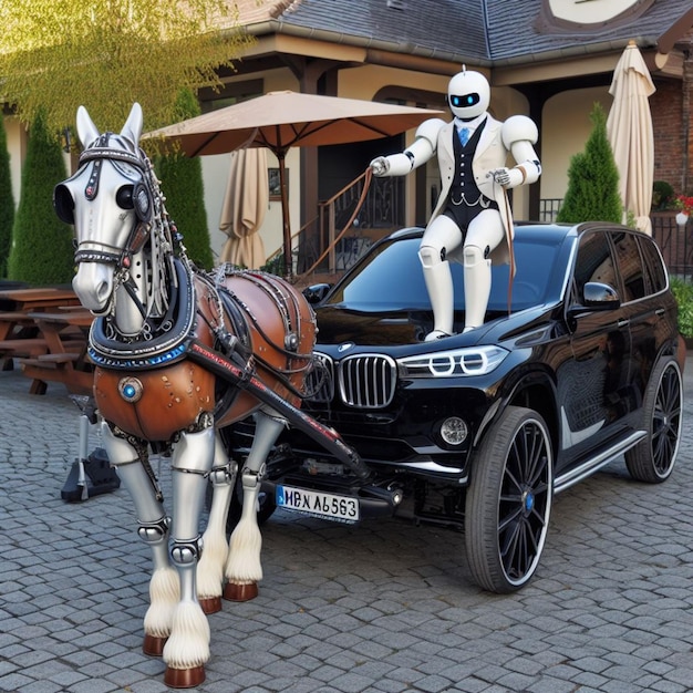 Lujo convertido en carruaje personalizado de sedán alemán como vagón de viaje caravana conducida por robot mayordomo tirado por caballos marrones fuertes paseos en el barrio de la ciudad en el centro de la ciudad futuro distópico AI generado