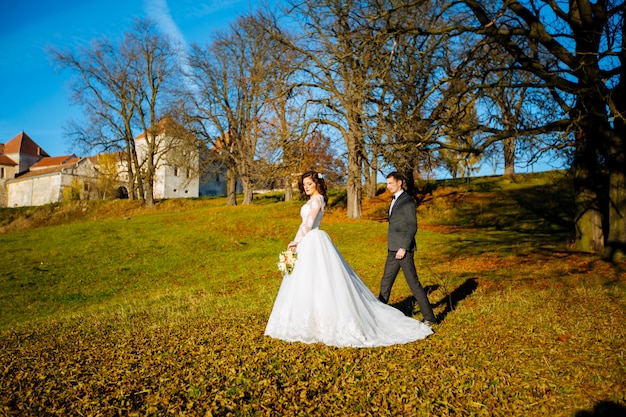 Lujo elegante joven novia y el novio en el espacio primavera soleado bosque verde