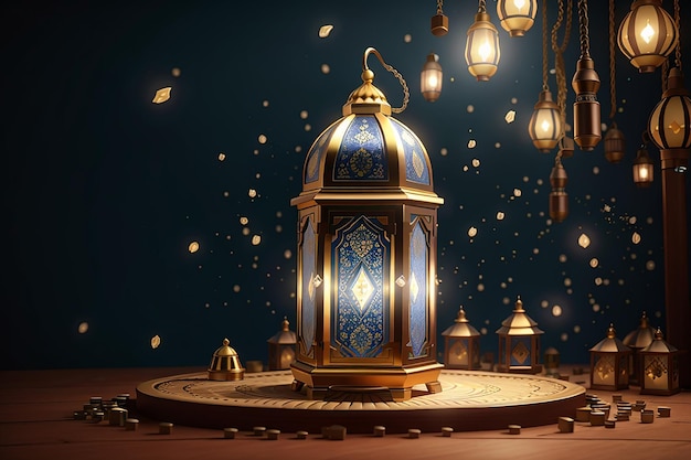 Lujo de fondo islámico Linterna de Ramadán Corán y partículas