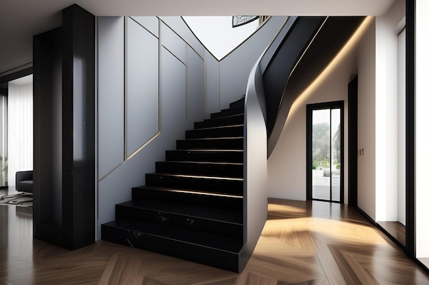 Lujo moderno en forma de U textura gris escalera de piedra de granito panel de vidrio templado acero negro