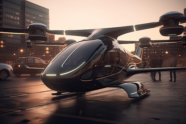 Lujo moderno y futurista taxi aéreo listo para volar en la ciudad moderna IA generativa