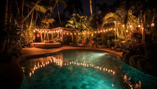 Lujo nocturno tropical junto a la piscina iluminado por linternas generadas por IA