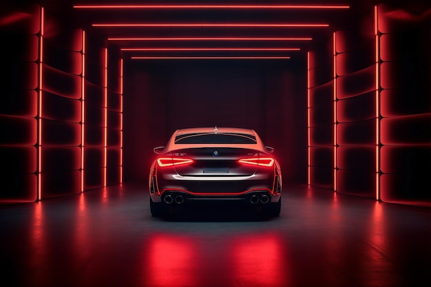 Lujo oscuro de neón transporte moderno automóvil automóvil rojo conducido por IA generativa